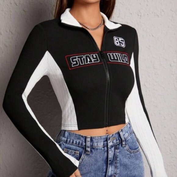 SHEIN EZwear Letter Graphic Two Tone Zip Up Crop Jacket - Small - Picture 2 of 11